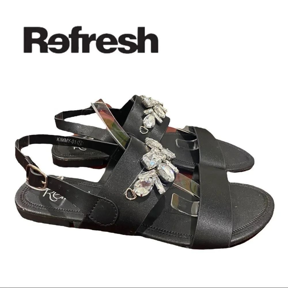Refresh Women's Black Jewelled Slingback Double Band Sandals 7.5
